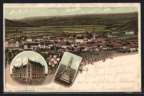 Lithographie Thiengen, Totalansicht, Neue Schule, Kriegerdenkmal