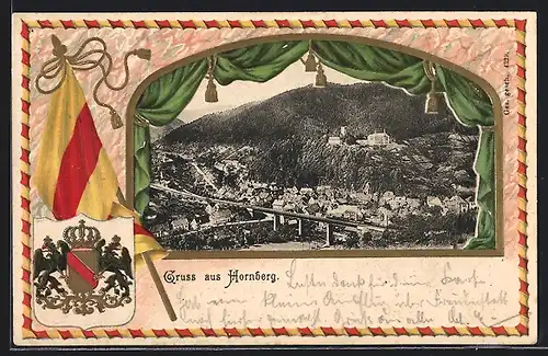 Passepartout-Lithographie Hornberg, Teilansicht, Wappen mit Fahne