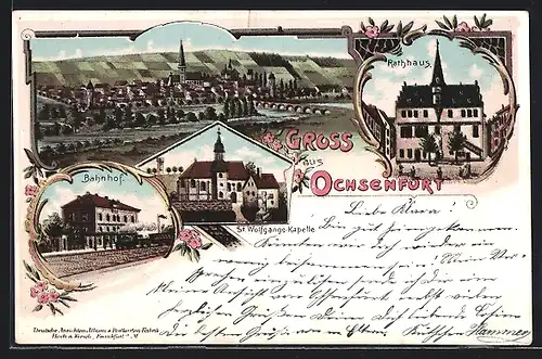 Lithographie Ochsenfurt, Bahnhof, St. Wolfgang`s Kapelle, Rathhaus