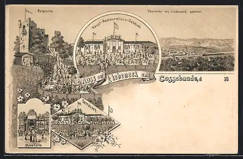 Lithographie Cossebaude, Haupt-Restaurants-Gebäude, Terrassen, Mooshütte