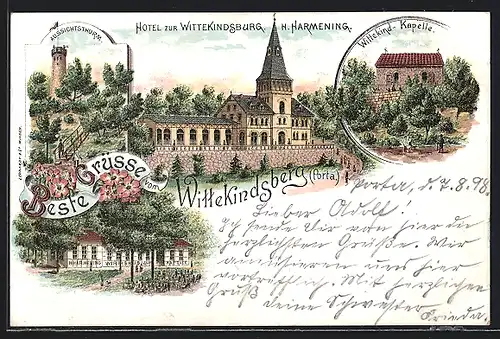 Lithographie Wittekindsberg /Porta, Hotel zur Wittekindsburg H. Harmening, Gasthaus zur Kapelle, Aussichtsturm