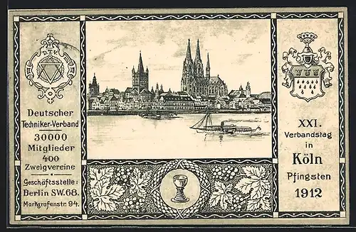 Künstler-AK Köln, Deutscher Techniker-Verband-XXI. Verbandstag 1912, Uferpartie mit Dom, Berlin, Markgrafenstr. 94