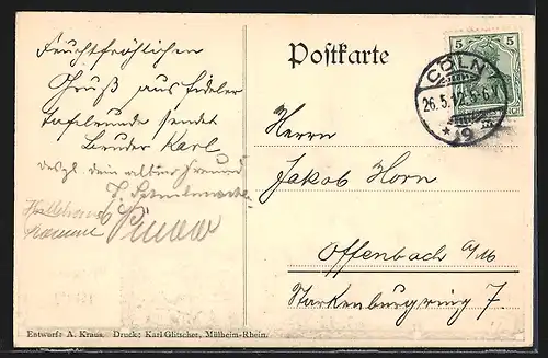 Künstler-AK Köln, Deutscher Techniker-Verband-XXI. Verbandstag 1912, Uferpartie mit Dom, Berlin, Markgrafenstr. 94