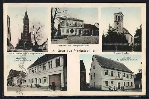 AK Plankstadt, Gasthaus zum goldenen Löwen, Gasthaus zum goldenen Hirsch, Rathaus und Kriegerdenkmal