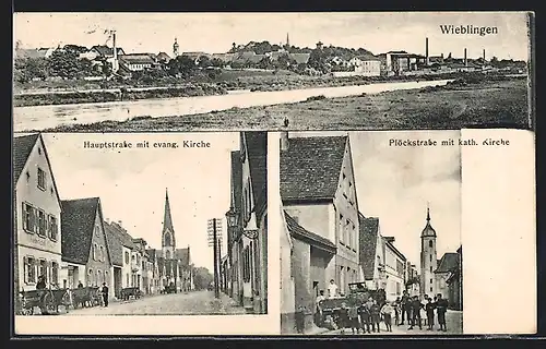 AK Wieblingen, Teilansicht, Hauptstrasse mit evangelischer Kirche, Plöckstrasse mit katholischer Kirche