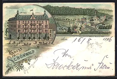 Lithographie Schönwald, Hotel, Teilansicht mit Kirche