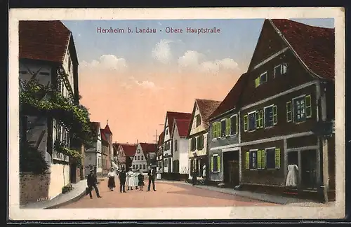 AK Herxheim, Obere Hauptstrasse mit Leuten