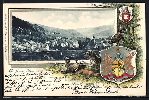Passepartout-Lithographie Herrenalb, Teilansicht mit Kirche, Wappen