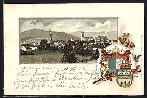 Passepartout-Lithographie Furth i. Wald, Panorama und Wappen