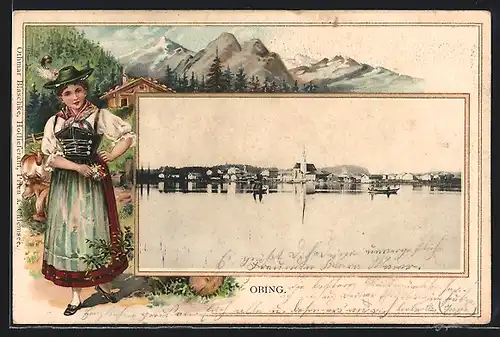 Passepartout-Lithographie Obing, Uferpartie mit Kirche, Frau in Tracht