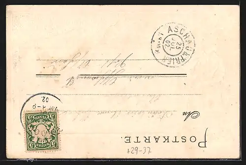 Passepartout-Lithographie Obing, Uferpartie mit Kirche, Frau in Tracht