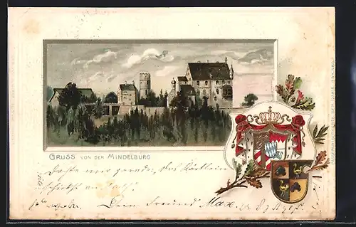 Passepartout-Lithographie Mindelburg, Ortsansicht, Wappen, Eichenlaub