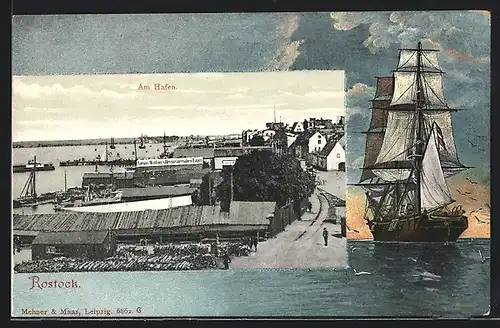 AK Rostock, Hafenpartie und abfahrendes Segelschiff mit Möwen