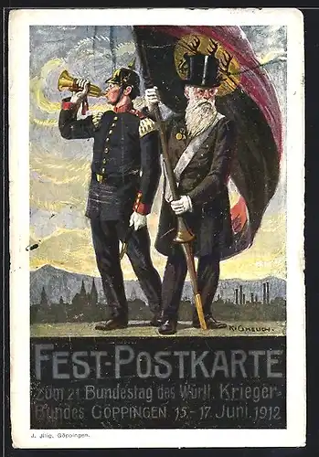 Künstler-AK Göppingen, 21. Bundestag des Württ. Kriegerbundes 1912, Soldat bläst ins Horn, Alter Mann mit Flagge