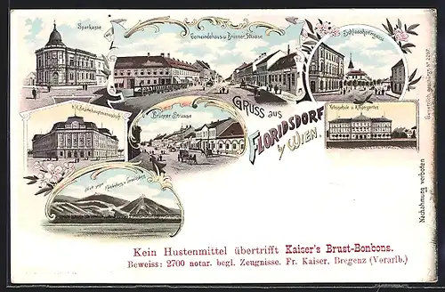 Lithographie Wien-Floridsdorf, Gemeindehaus und Brünner Strasse, Schlosshofergasse, Sparkasse