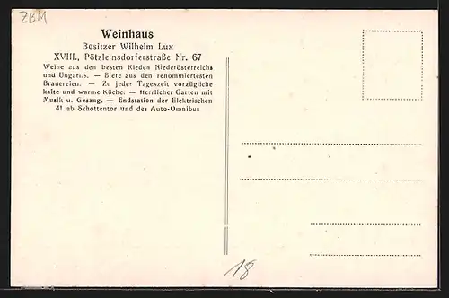 AK Wien, Weinhaus v. Wilhelm Lux, Pötzleinsdorferstrasse 67