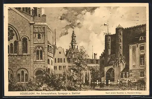 Künstler-AK Düsseldorf, Synagoge und Schauspielhaus am Stahlhof