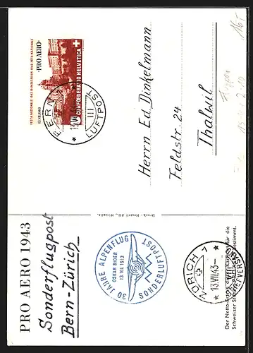 AK 30 Jahre Bider`s Alpenflug Bern-Mailand, Stempel Sonderflugpost Pro Aero 13.7.1943