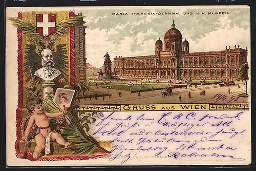 Vorläufer-Lithographie Wien, 1895, Maria Theresien Platz, Maria Theresia-Denkmal und K. k. Museen