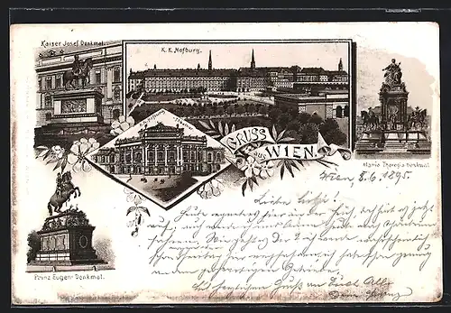 Vorläufer-Lithographie Wien, 1895, K. k. Hofburg, Kaiser Josef-Denkmal, Prinz Eugen-Denkmal