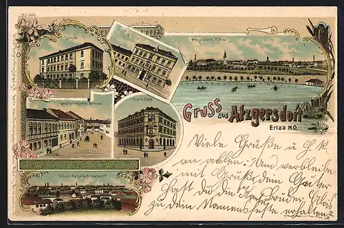 Lithographie Wien-Atzgersdorf, Grand-Cafe, Breitenfurter Strasse, Schule