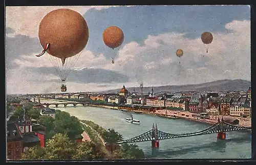AK Frankfurt a. M., Ballone über dem Stadtpanorama