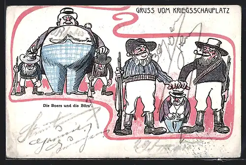 Künstler-AK Karikatur Die Boers und die Börs`, Burenkrieg