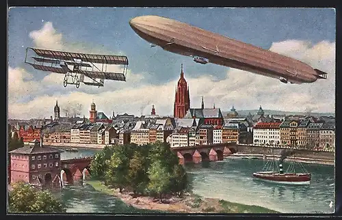AK Frankfurt /Main, Zeppelin, Doppeldecker und Dampfer