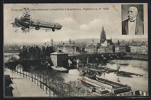 AK Frankfurt a. M., Internationale Luftfahrt-Ausstellung 1909, Zeppelin und Ballon über der Stadt