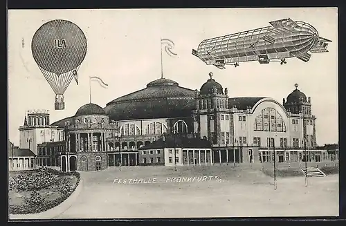 AK Frankfurt a. Main, Internationale Luftschiffahrt-Ausstellung 1909, Festhalle mit Zeppelin und Ballon
