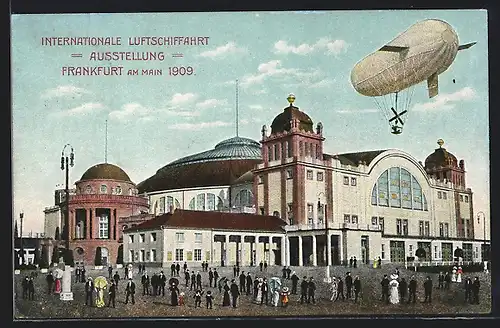 AK Frankfurt, Internationale Lufschiffahrt Ausstellung 1909, Luftschiff über dem Ausstellungsgebäude