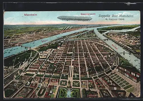 AK Mannheim, Gesamtansicht mit einem Zeppelin über der Stadt, 04.08.1908