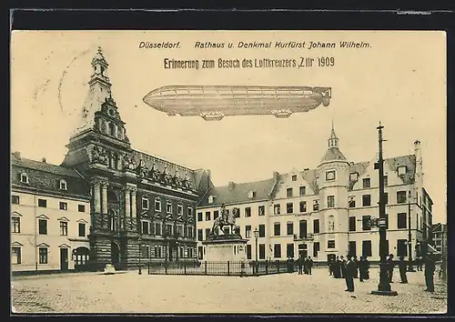 AK Düsseldorf, Zepelin Z III über dem Rathaus und dem Denkmal Kurüfrst Johann Wilhelm, 1909