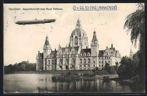 AK Hannover, Zeppelinluftschiff beim Neuen Rathause