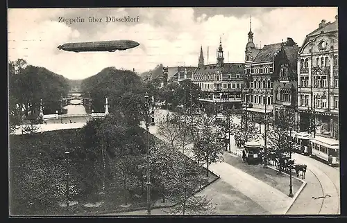 AK Düsseldorf, Zeppelin fliegt über die Strassenbahn