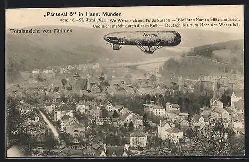 AK Münden, Zeppelin Parseval 5 über dem Ort