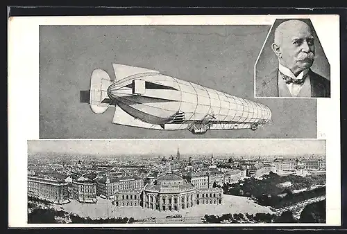 AK Wien, Graf Zeppelin mit seinem lenkbaren Luftschiff in der Stadt