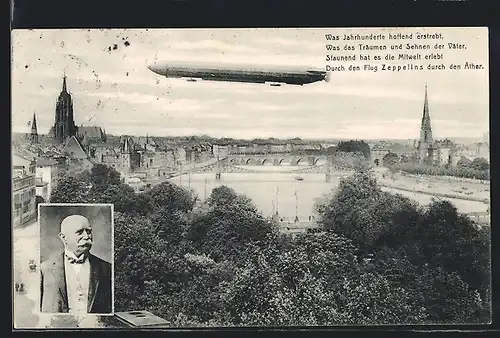 AK Frankfurt a. Main, Luftschiff Zeppelin im Flug, Portrait Graf v. Zeppelin
