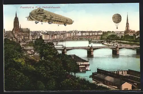 AK Frankfurt a. M., Zeppelin und Ballon über der Brücke nach Sachsenhausen