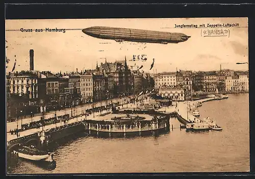 AK Hamburg, Jungfernstieg mit Zeppelin-Luftschiff und Dampfer
