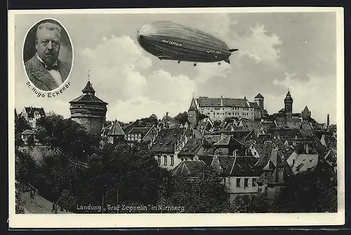 AK Nürnberg, Luftschiff Graf Zeppelin a. 10. Mai 1931 b. d. Landung auf dem Neuen Flugplatz, Portrait Dr. Hugo Eckener