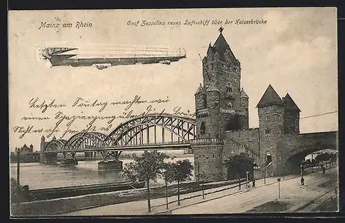 AK Mainz, Graf Zeppelins neues Luftschiff über der Kaiserbrücke