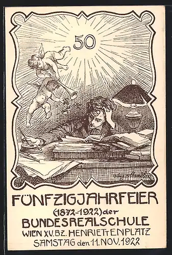 Künstler-AK Wien, 50 Jahrfeier Bundesrealschule 1872-1922, Henriettenplatz, Engel fliegen um einen Schüler