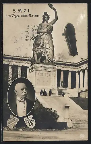 AK München, Luftschiff Graf Zeppelin über der Bavaria, Portrait Graf Zeppelin