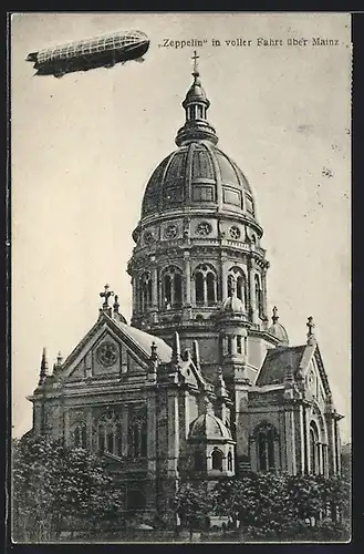 Lithographie Mainz, Zeppelin in voller Fahrt, Dom