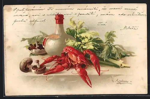 Künstler-AK Catharina Klein: Champignons und Hummer