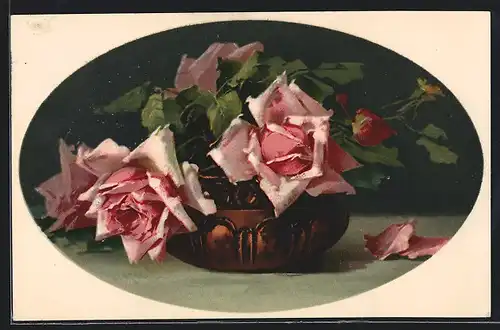 Künstler-AK Catharina Klein: Kupferschale mit rosa Rosen