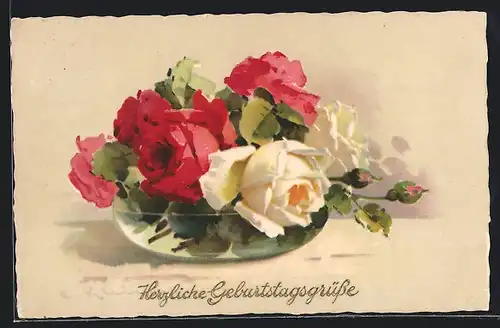 Künstler-AK Catharina Klein: Rote und weisse Rosen in Vase