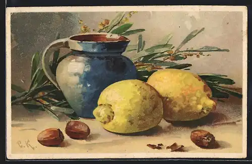 Künstler-AK Catharina Klein: Krug, Zitronen und Nüsse
