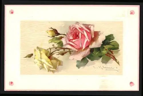 Künstler-AK Catharina Klein: gelbe & rosa Rose